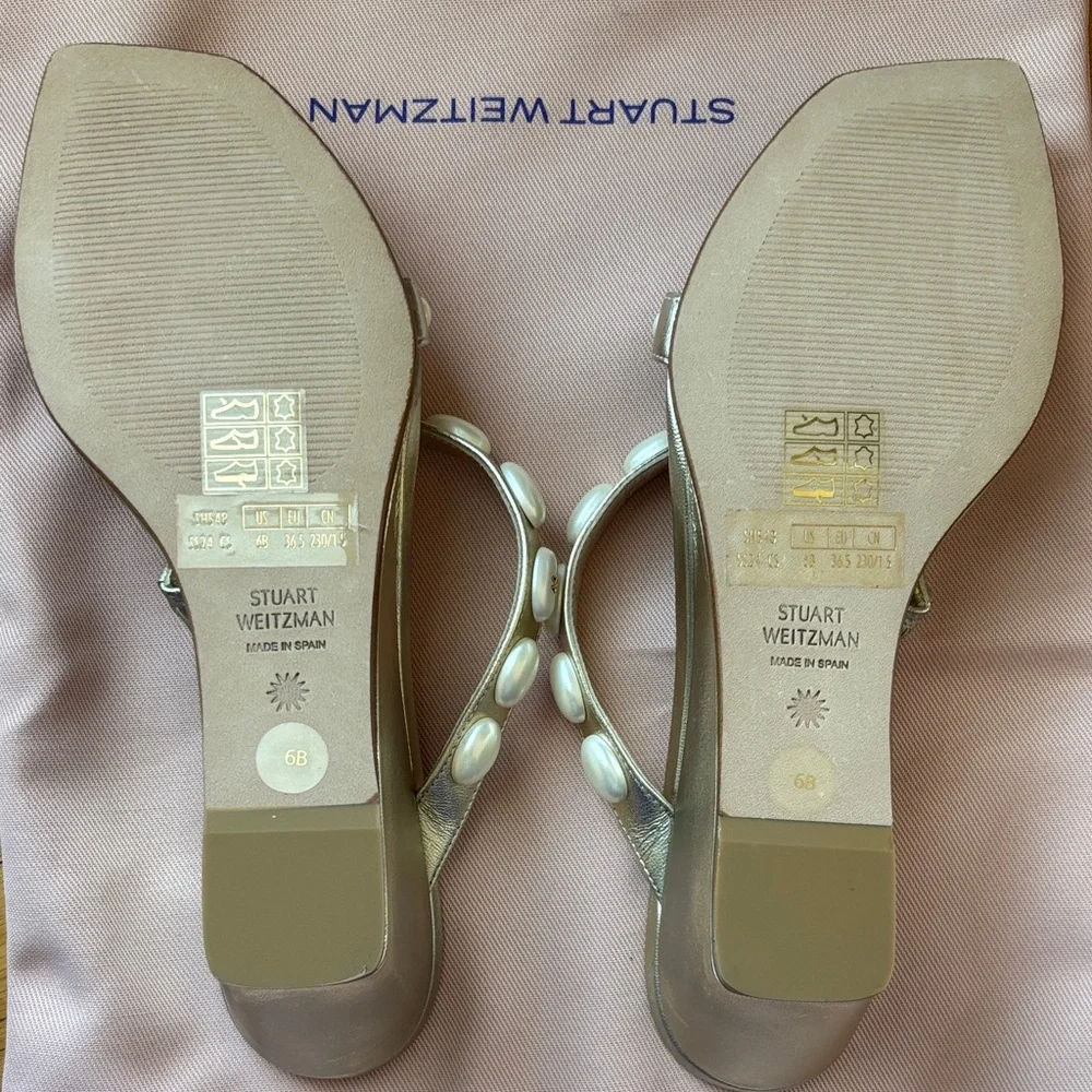 Stuart Weitzman Gold Pearl-Embellished Slide Mules - Picture 2 of 3